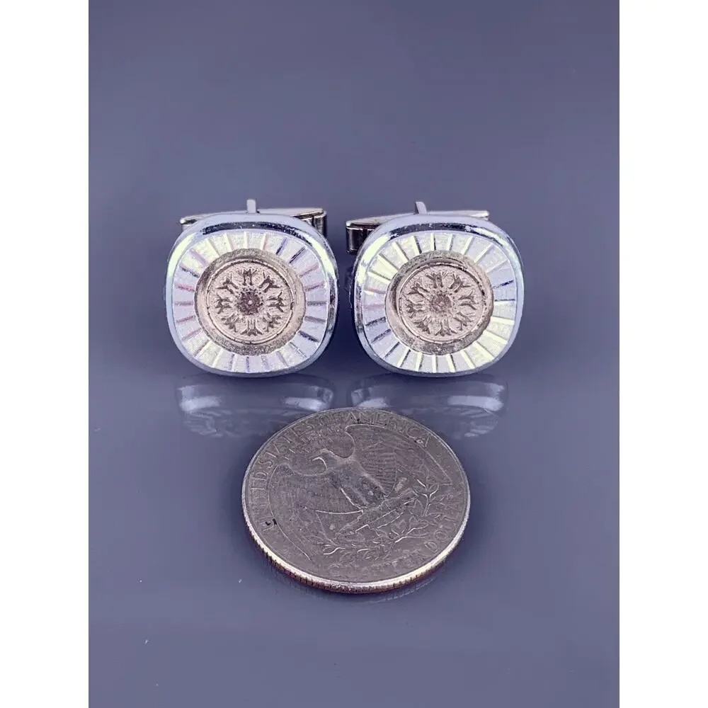 Etched Rays Art Deco Style Cufflinks Silver Tone Flower Trees Square Vintage